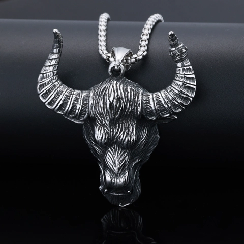 Retro Bull Ram Head Skull Pendant Necklace Stainless Steel Gothic Viking Nordic Rune Turquoise Inset Jewelry For Men