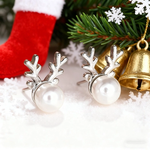 Reindeer Antler Stud Earrings Copper Imitation Artificial Pearl Christmas Holiday Jewelry For Women Girls