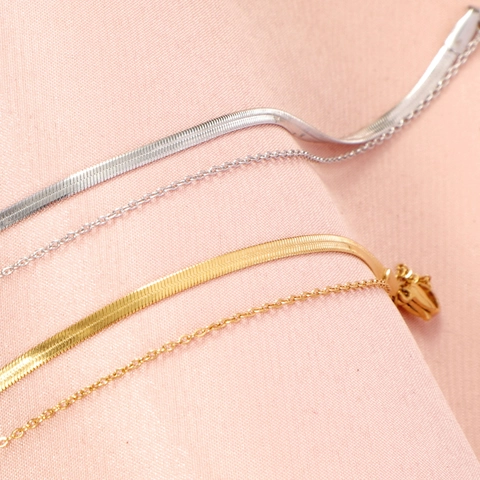 Collar De Doble Capa Minimalista Acero Inoxidable Chapado En Oro Cadena De Serpiente Y Eslabones Joyería Versátil