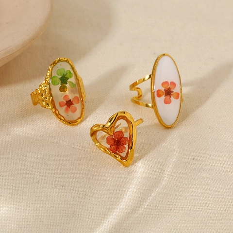 Anillo Ajustable de Estilo Ins Acero Inoxidable Chapado en Oro 18K Flor Seca Real Sellado en Resina Anillo Floral Mujer