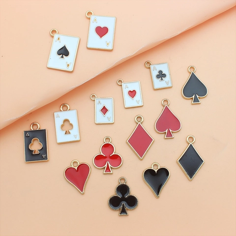 Ciondoli In Lega Smalto Carte Da Gioco Per Creazione Gioielli DIY Cuore Picche Fiori Quadri Re Regina Fante Joker Bordo Dorato