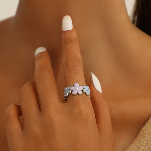 Colorful Enamel Open Rings Titanium Steel Adjustable Leaf Flower Heart Shape INS Forest Style Jewelry For Women