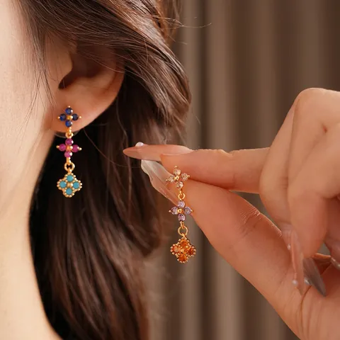 Flower Drop Earrings Copper Zircon With Silver Earring Post 18K Gold Plated Vintage Elegant Jewelry For Women