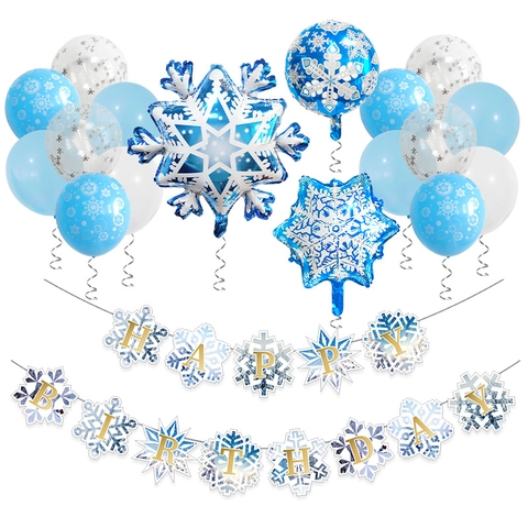 Snowflake Aluminum Foil Balloon Set Ice Theme Party Decor Blue White Latex Balloons With Happy Birthday Banner For Kids
