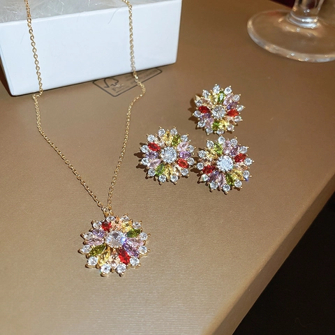 Colorful Zircon Flower Necklace And Earrings For Women With 925 Sterling Silver Earring Post Copper Gold Plated Vintage Luxury
