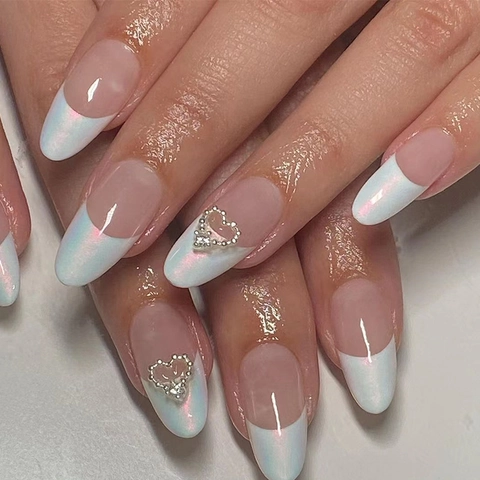Französische Press On Nägel Weiße Spitzen Silber Herz Strass Mandelform Künstliche Falsche Fingernägel Für Frauen
