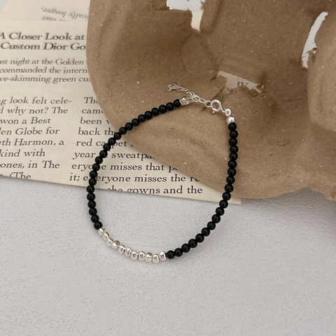 Bracciale In Argento Sterling 925 Perline Agata Nera Geometrico Perline Argento Irregolari Regolabile Gioielli Minimalisti