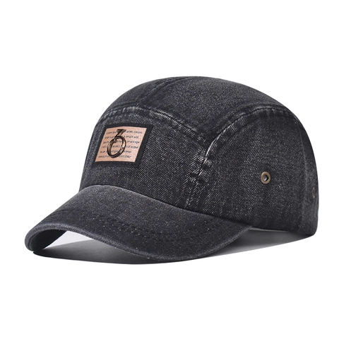 Vintage Gewassen Denim 5-Panel Pet Verstelbare Camper Hoed Met Metalen Ring Patch Retro Outdoor Zonbescherming Unisex