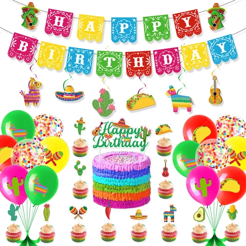 Mexican Fiesta Theme Birthday Party Decoration Supplies Paper Banner Cake Toppers Latex Balloons Hanging Swirls Colorful Decor