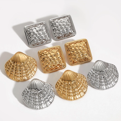 Geometric Stud Earrings Stainless Steel PVD Gold Plating Scallop Shell Square Hammered Texture Hypoallergenic Jewelry Women