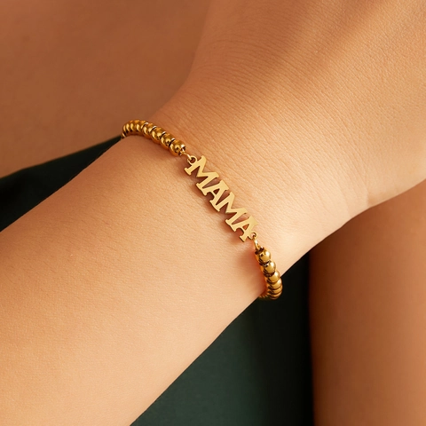 Pulsera De Cuentas De Acero Inoxidable Chapado En Oro 18K Letras Mama Herradura Nudo De Corazón Joyería Regalo Día Madre