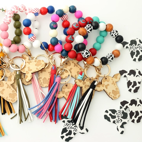 Beaded Wristlet Keychain Silicone Wood Beads Western Cow Head Pendant Leather Tassel Boho Mama Gift Key Ring