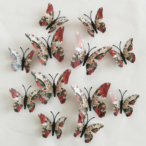 Stickers Muraux Papillons 3D Motifs Floraux De Noël PVC Amovibles Décalcomanies Murales Pour Décoration De Maison Chambre