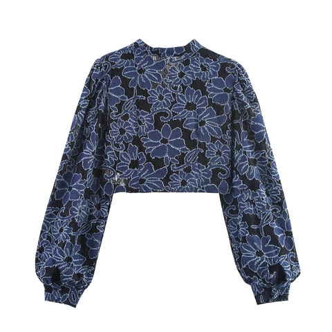 Women Denim Floral Applique Lace Mesh Crop Top V-Neck Single Breasted Long Lantern Sleeve Retro Chic Blouse