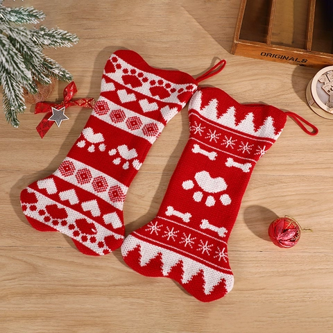 Knitted Bone Shaped Christmas Stocking Red White Pet Paw Print Heart Snowflakes Hanging Ornament Gift Bag Holiday
