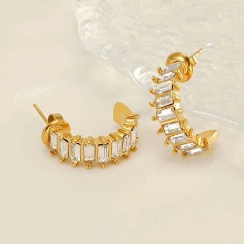 Edelstahl C Hoop Ohrringe 18K Vergoldet Mit Rechteckigem Zirkon Geometrisch Mode Leichter Luxus Schmuck Für Frauen