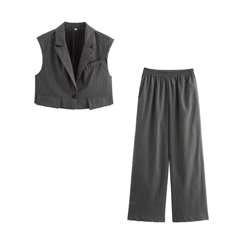 Chaleco Y Pantalón De Pierna Ancha Con Rayas Para Mujer Poliéster Sin Mangas Cuello En V Oficina Gris