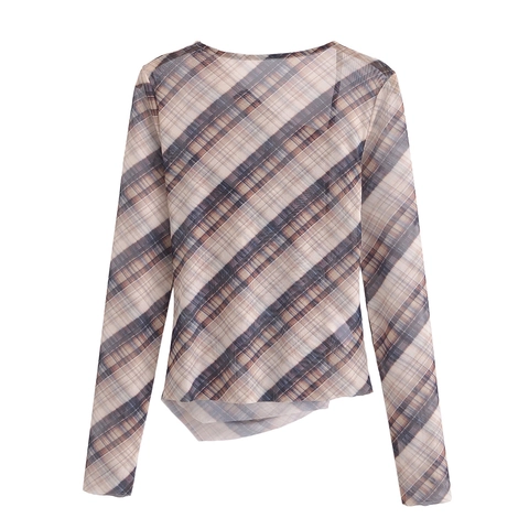 Women Plaid Polyester Mesh Long Sleeve Ruched Top And High Waist Asymmetrical Skirt Streetwear Casual Style