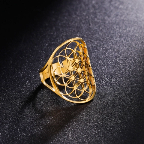 Anello Fiore Della Vita In Acciaio Inossidabile Svuotato Geometrico Regolabile Gioielli Boho Da Donna