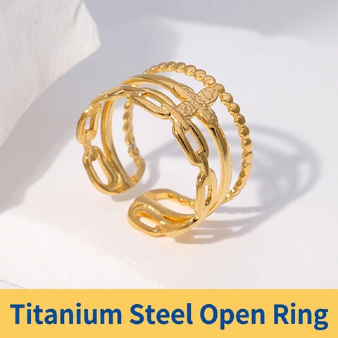 Anillo Abierto Ajustable De Varias Capas De Acero Inoxidable Para Mujer Bohemio Cadena Cuenta Cruz Estrella Joyería Minimalista