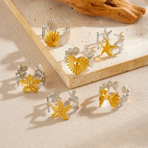 Anelli Aperti Regolabili Acciaio Inossidabile Bicolore Oro Argento Contrasto Moda Stella Marina Cuore Fiocco Fiore Donna