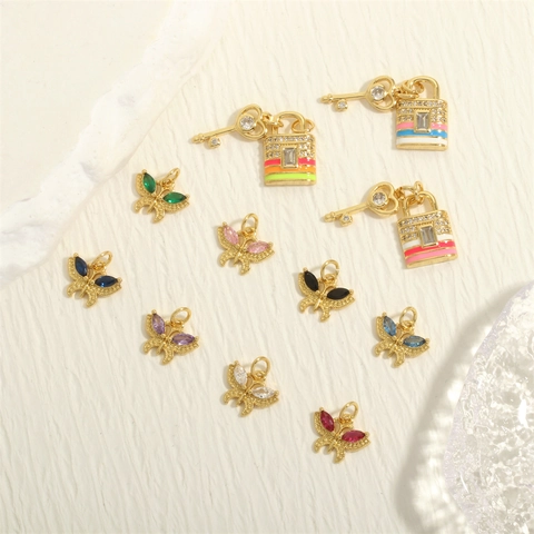 Butterfly And Lock Key Pendants 18K Gold Plated Copper Colorful Zircon Enamel DIY Jewelry Making Charms