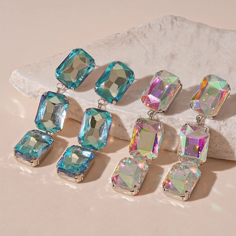 Pendientes Largos Colgantes Strass Rectangular Cobre Con Poste De Plata Geométrico Irisado Estilo De Lujo Elegante