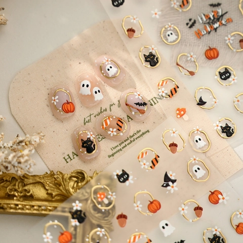 Halloween Nagelstickers 3D Reliëf Gouden Rand Pompoen Geest Zwarte Kat Zelfklevend Manicure Feestelijke Decoratie Stickers