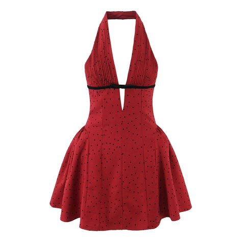 Polka Dot Halter Neck Mini Dress Polyester Deep V Neck Sleeveless Pleated High Waist Vintage Sexy Women Party Fashion