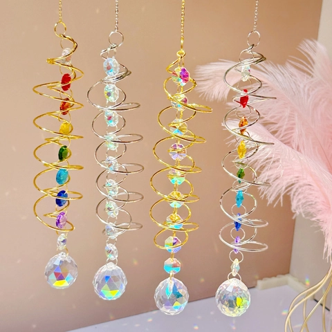 Crystal Suncatcher Wind Chime 3D Spiral Tail Rainbow Maker Hanging Ornament Metal Craft Home Garden Decor