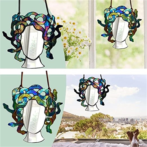 Medusa Head Hanging Mirror Stained Glass Style Sun Catcher Acrylic Wall Art Decor Mythological Serpent Woman Ornament For Home Windows Patio Garden
