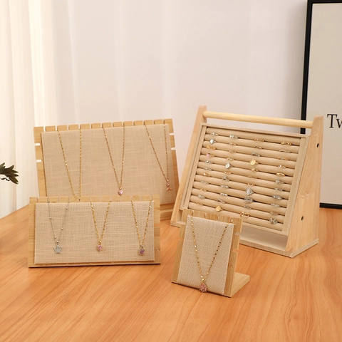 Jewelry Display Stand Bamboo Wood And Linen Burlap Necklace Holder Ring Organizer Bracelet Watch Rack Minimalist