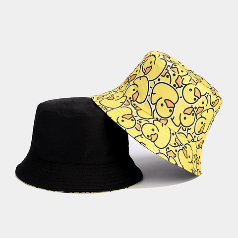 Cappello Alla Pescatora Reversibile Cotone Protezione Solare Stampa Anatra Cartone Animato Doppio Lato Casual Carino