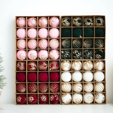 Ornements De Boules De Noël Flocage Velours Plastique Paillettes Or Flocon De Neige Rayé Décor D'Arbre De Fêtes
