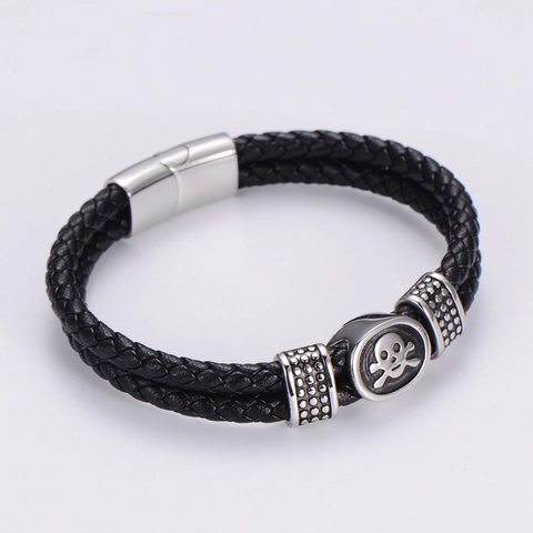 Herren Punk Armband Mit Edelstahl Totenkopf Doppelstöckig Geflochtenem PU Leder Magnetverschluss Retro Gothic Schmuck