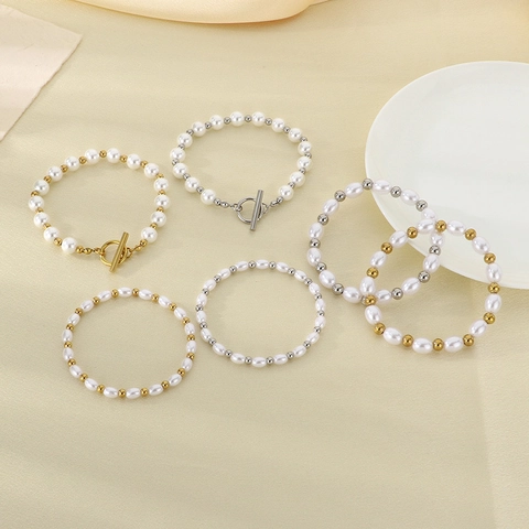 Elegant Artificial Pearl Beaded Bracelet White Shell Artificial Pearls Stainless Steel Gold Silver Round Beads Toggle Clasp Jewelry For Women