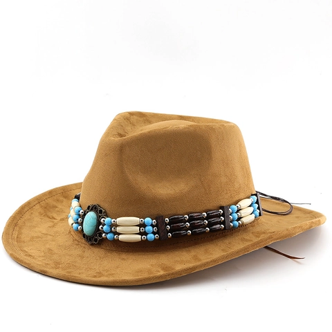 Cappello Da Cowboy Vintage In Camoscio Etnico Perline Turchese Tesa Larga Protezione Solare All Aperto