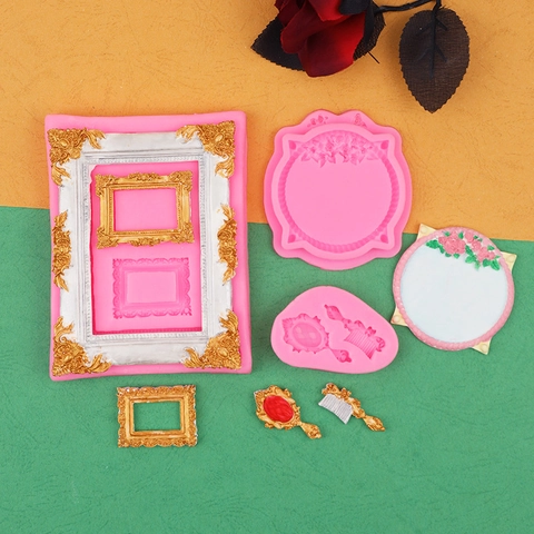 Retro Baroque Relief Photo Frame And Mirror Comb Silicone Mold For DIY Fondant Chocolate Resin Art
