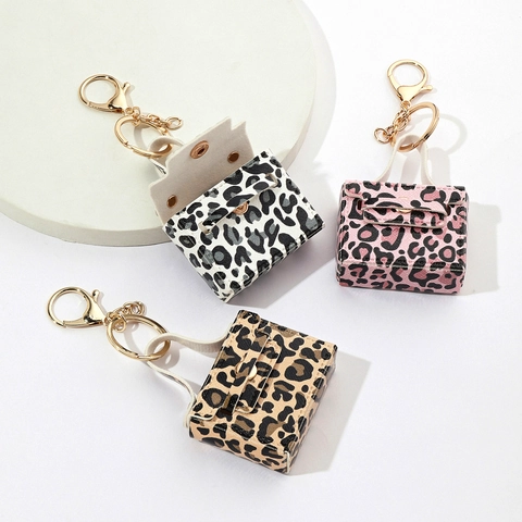 Mini Handbag Shape Keychain PU Leather Leopard Print Gold Buckle Bag Charm For Car Keys Purse Decoration Women