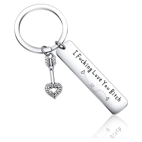 Stainless Steel Keychain Engraved Rectangular Tag Heart Wing Arrow Charm Polished Metal Key Ring Gift For Couple