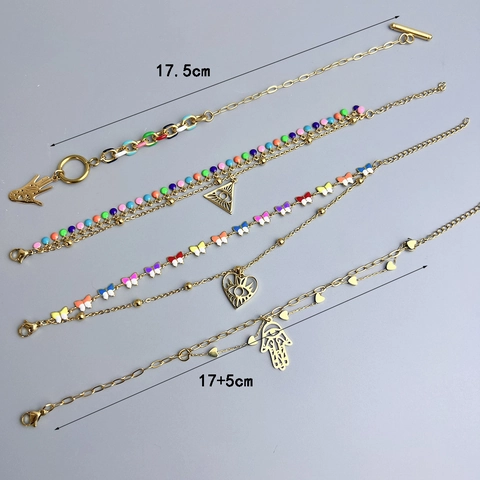 Bohemian Double Layer Bracelet 18K Gold Plated Stainless Steel Evil Eye Hamsa Hand Toggle Clasp Enamel Jewelry Women