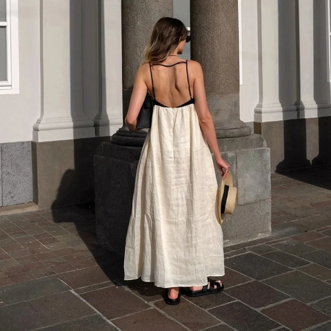 Patchwork Maxi Dress Backless Spaghetti Strap Sleeveless High Waist Elegant Vacation Holiday Long Skirt For Women