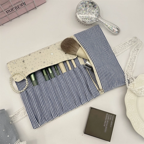 Portable Polyester Striped Makeup Brushes Organizer Bag With Star Sequins And Lace Ribbon Cosmetic Travel Pouch For Women