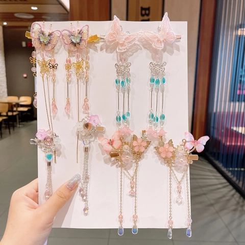 Kids Girls Ancient Style Hair Clips Butterfly Flower Tassels Alloy Faux Artificial Pearl Hanfu Hairpins Traditional Accessories