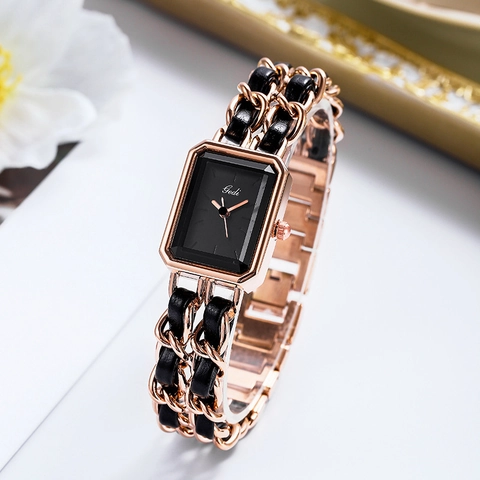 Elegante Reloj De Pulsera De Cuarzo Para Mujer Con Caja Rectangular De Aleación Y Correa De Cadena De Metal Entretejida Con Cuero PU