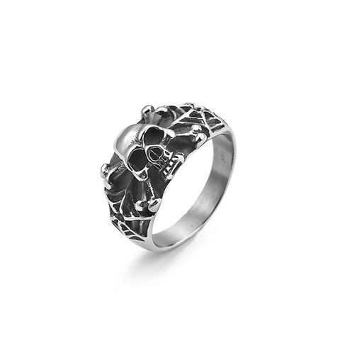 Skull Ring Men Titanium Steel Spider Web Punk Gothic Jewelry Vintage Antique Silver Biker Band