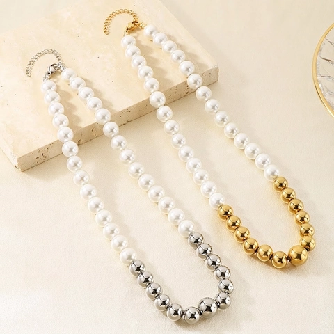 Collana Di Künstliche Perle Sintetiche Rotonde Con Grani In Acciaio Inossidabile Per Donne Gioielli Di Moda Eleganti Regolabili