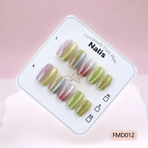 Faux Ongles Faits Main Oeil De Chat Poudre Magnétique Dégradé Arc En Ciel Galaxie Court Rond Brillant Pour Femmes Filles