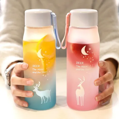 Frosted Water Bottle Plastic Gradient Portable Drinking Bottle With Strap Deer Moon Star Pattern For Students School