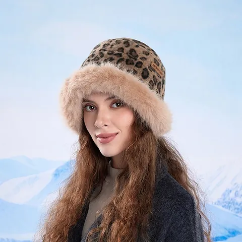 Damen Winter Fischerhut Leopard Print Kunstpelz Besatz Dick Warm Outdoor Winddicht Schick Plüsch Beckenhut